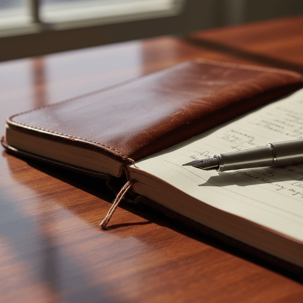 Cuaderno y bolígrafo sobre escritorio de madera con luz natural