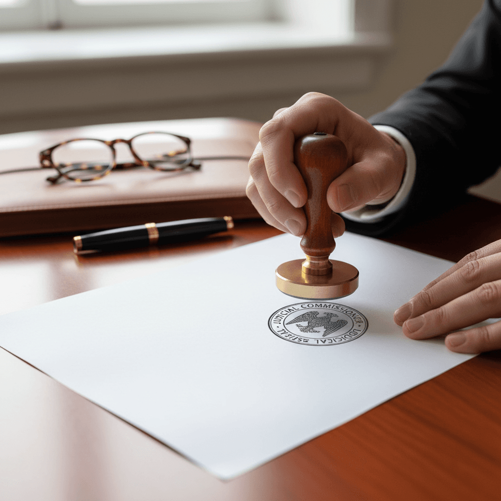Judicial commissioner stamping official legal document with embossed seal on polished mahogany desk in natural light