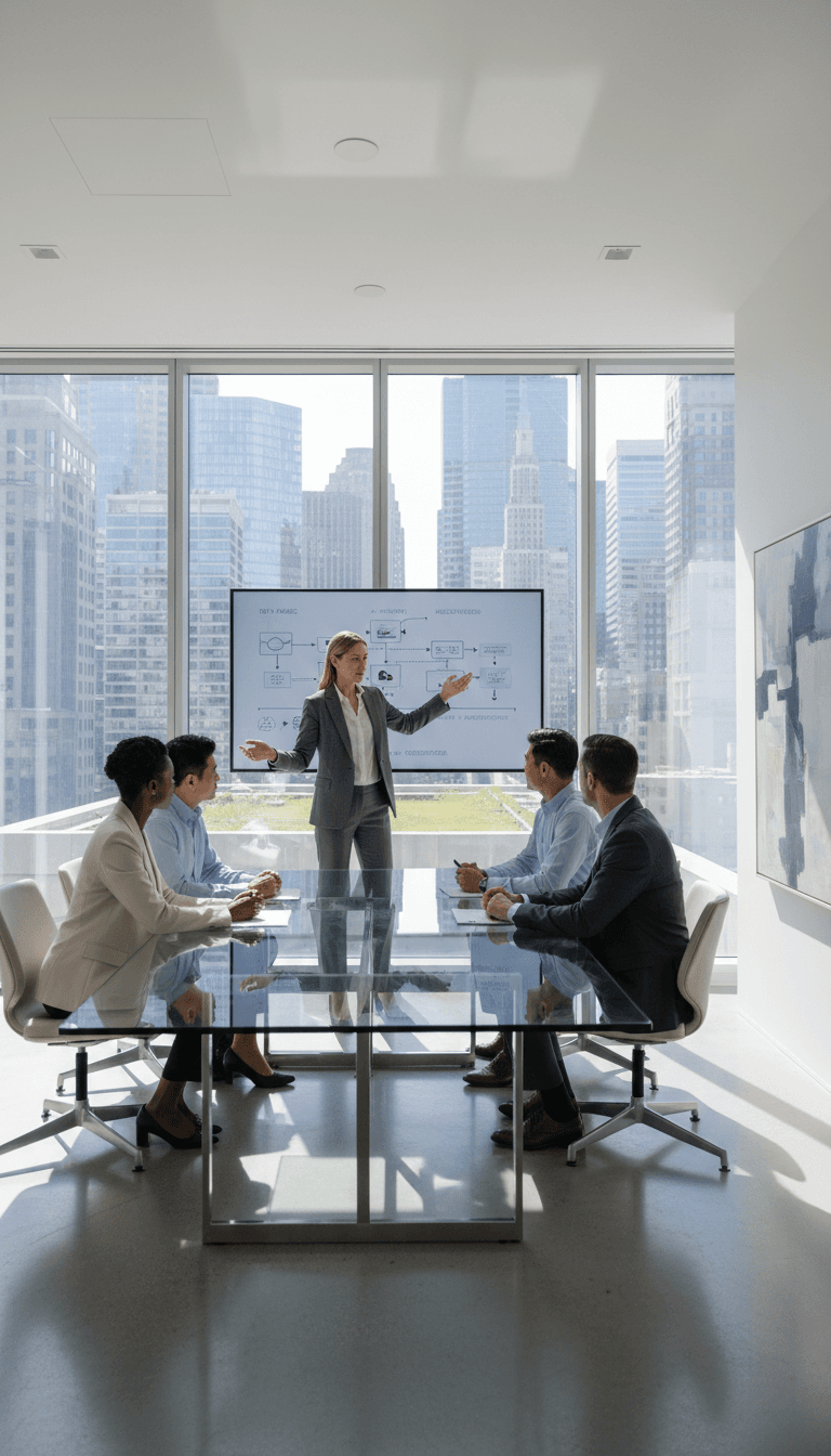Consultant presenting cloud infrastructure solutions to engaged executive team in modern glass-walled boardroom with digital display