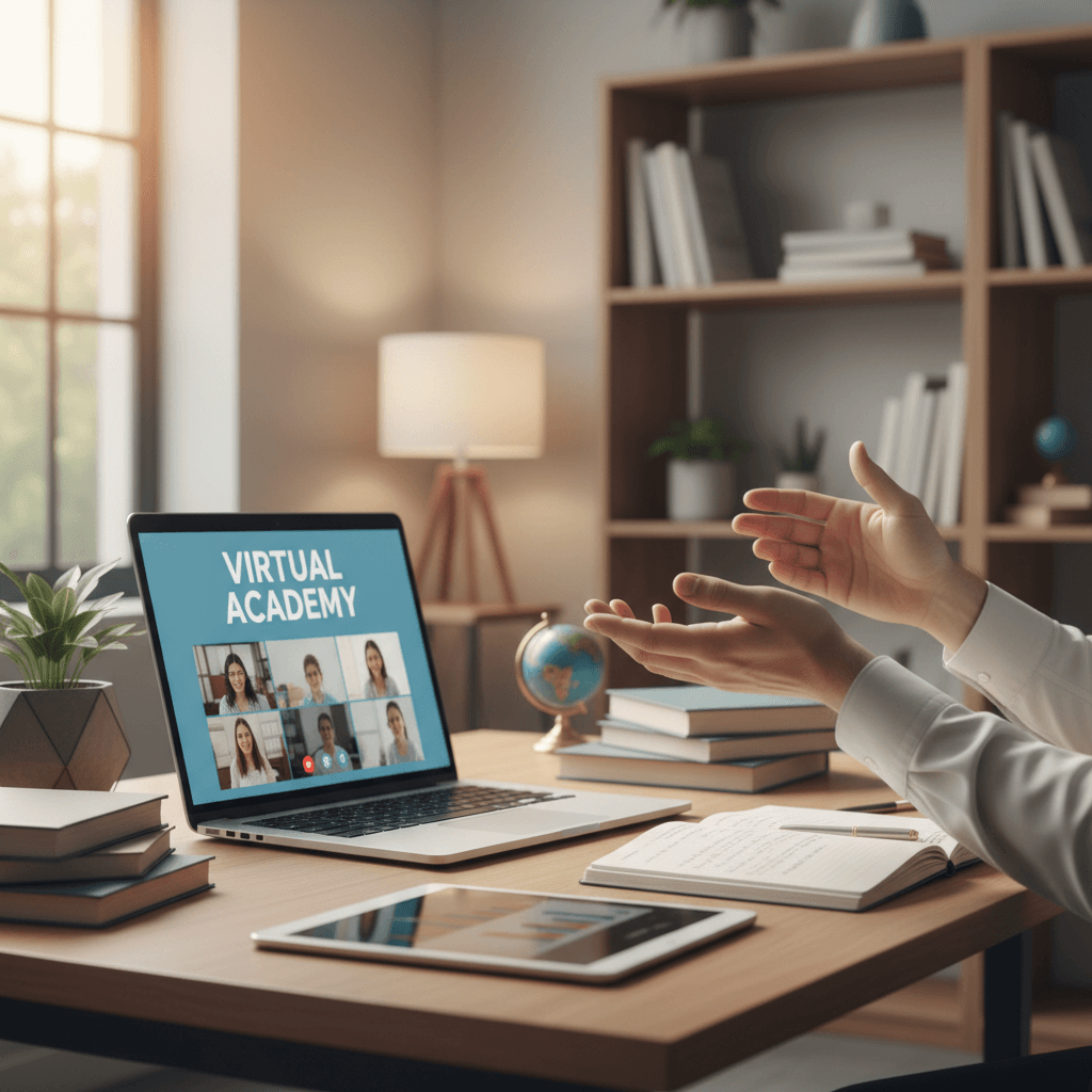 Educator gesturing expressively while teaching at desk with laptop showing virtual classroom interface in bright home office
