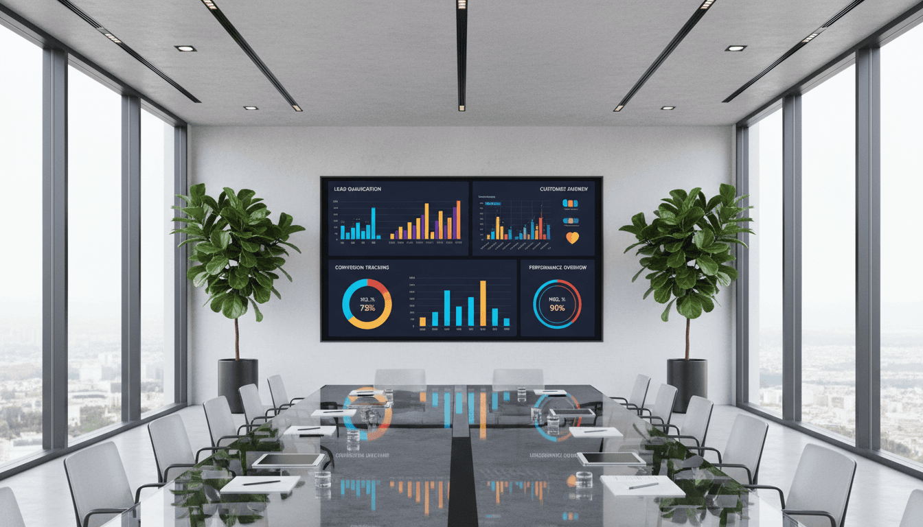 Large wall monitor displaying lead qualification metrics and conversion analytics in modern office conference room