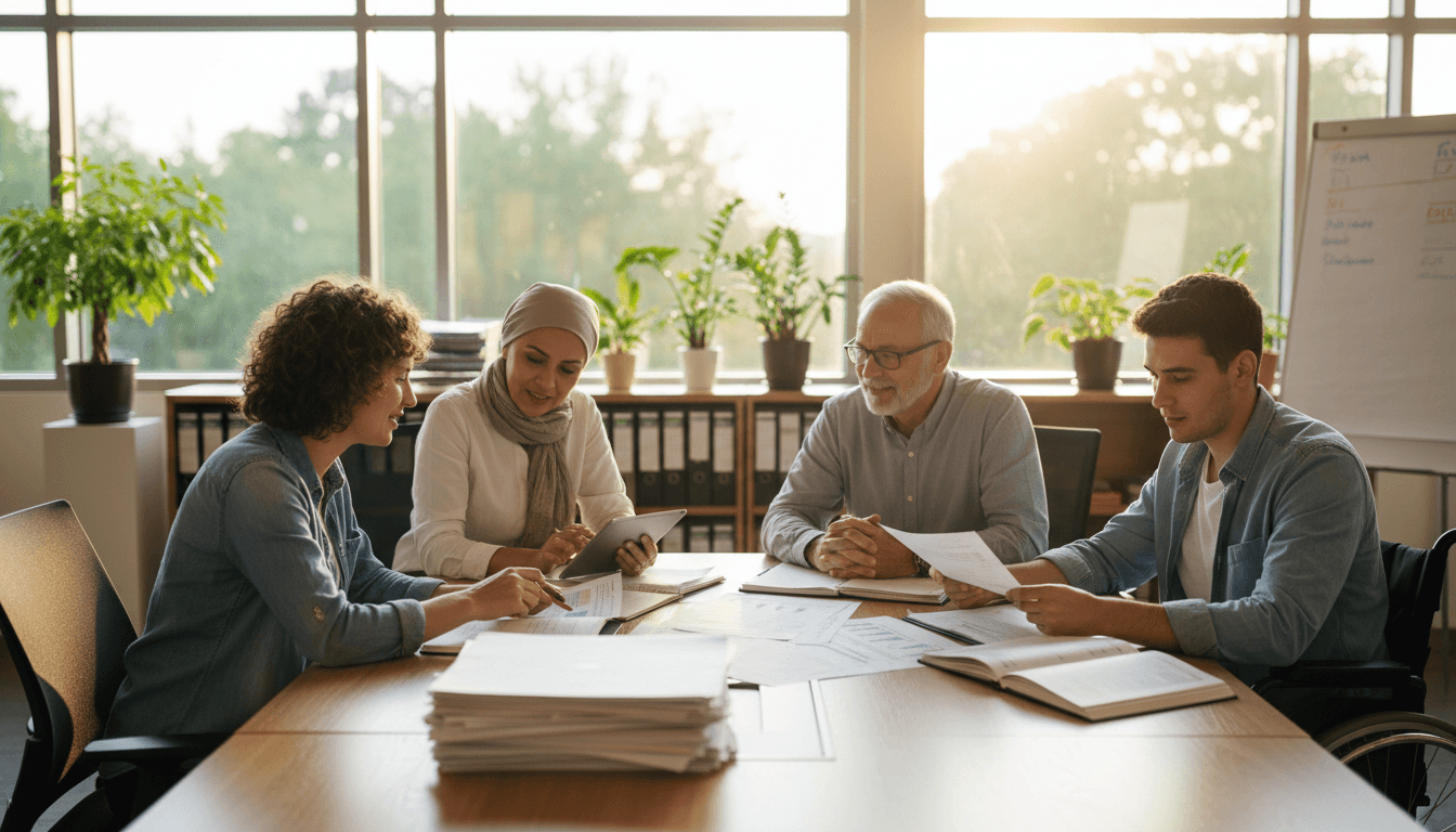 Diverse church team reviewing financial and administrative documents together at conference table with natural light