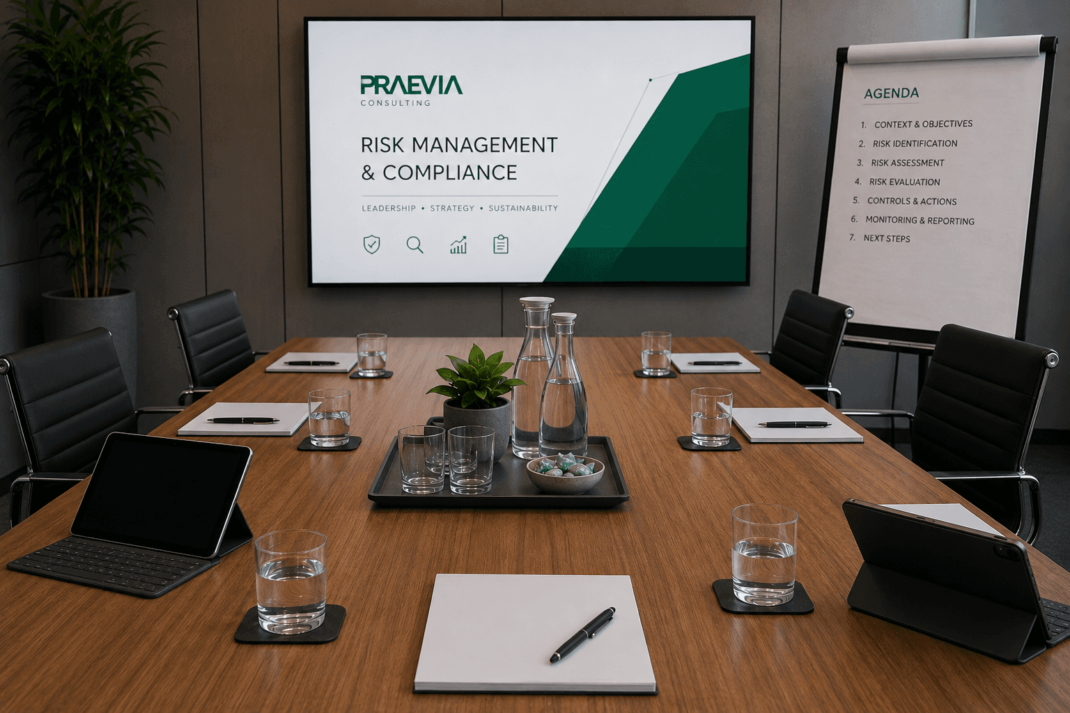 Sala de juntas profesional con pantalla de gestión de riesgos y mesa preparada para reunión.