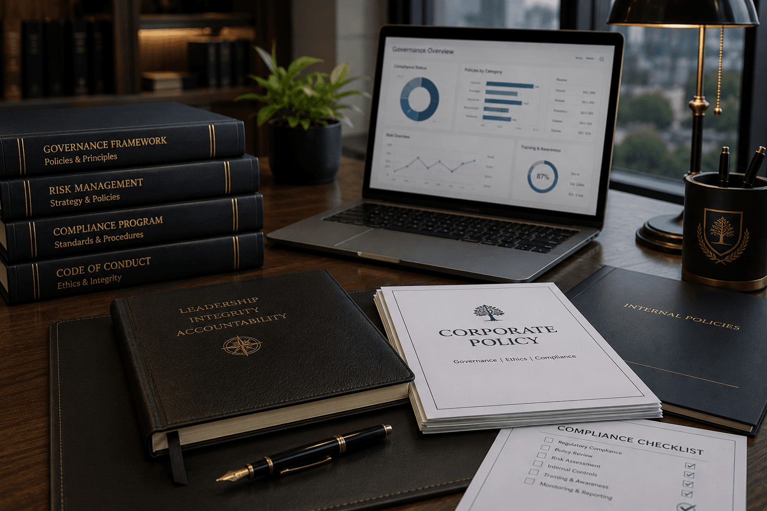 Libros de cumplimiento apilados junto a una laptop con datos y documentos de política corporativa.
