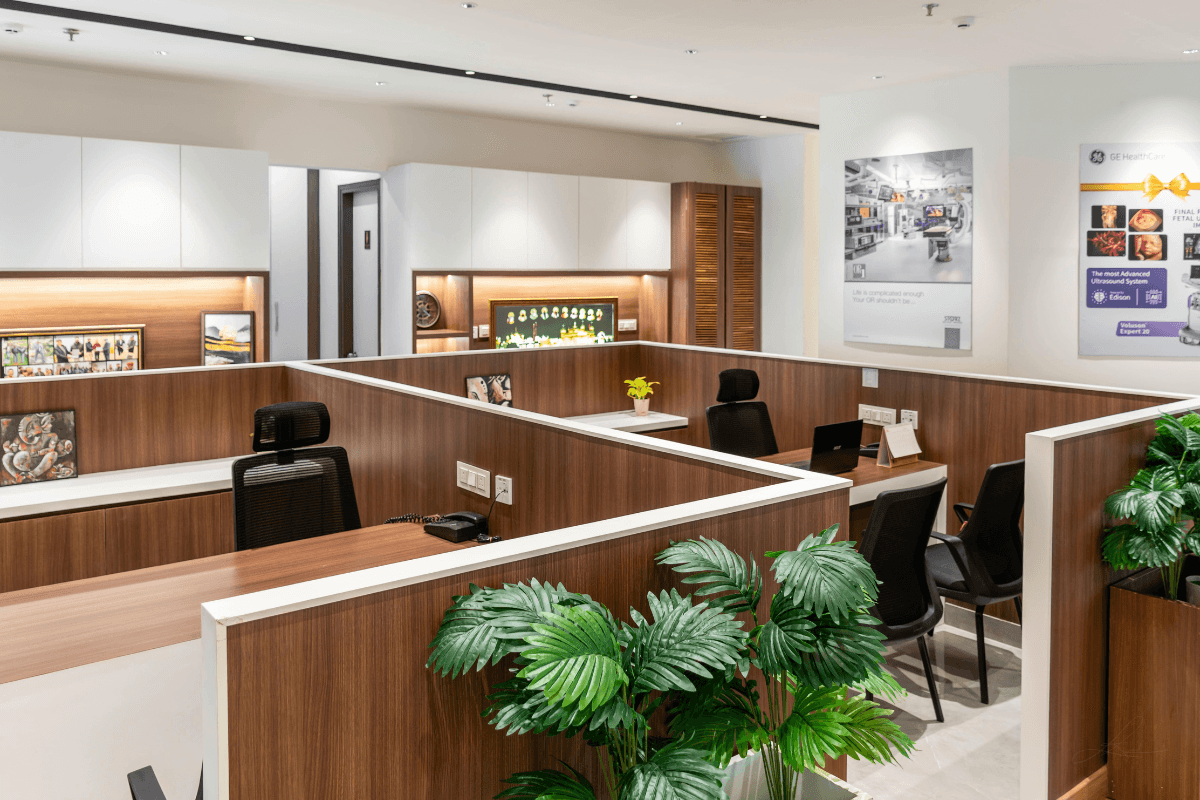 Oficina moderna con cubículos de madera, sillas negras, plantas de interior y carteles informativos.
