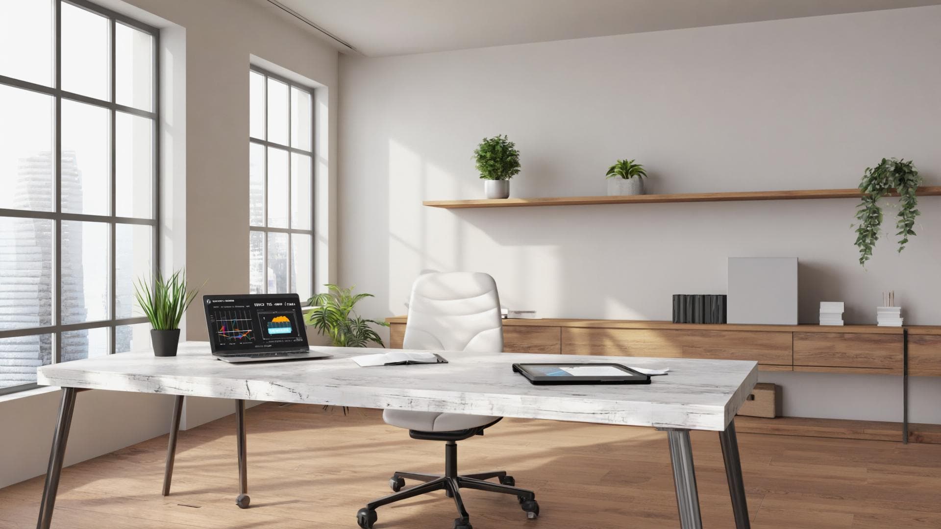 Oficina minimalista con escritorio de mármol, silla blanca, portátil y plantas bajo luz natural.