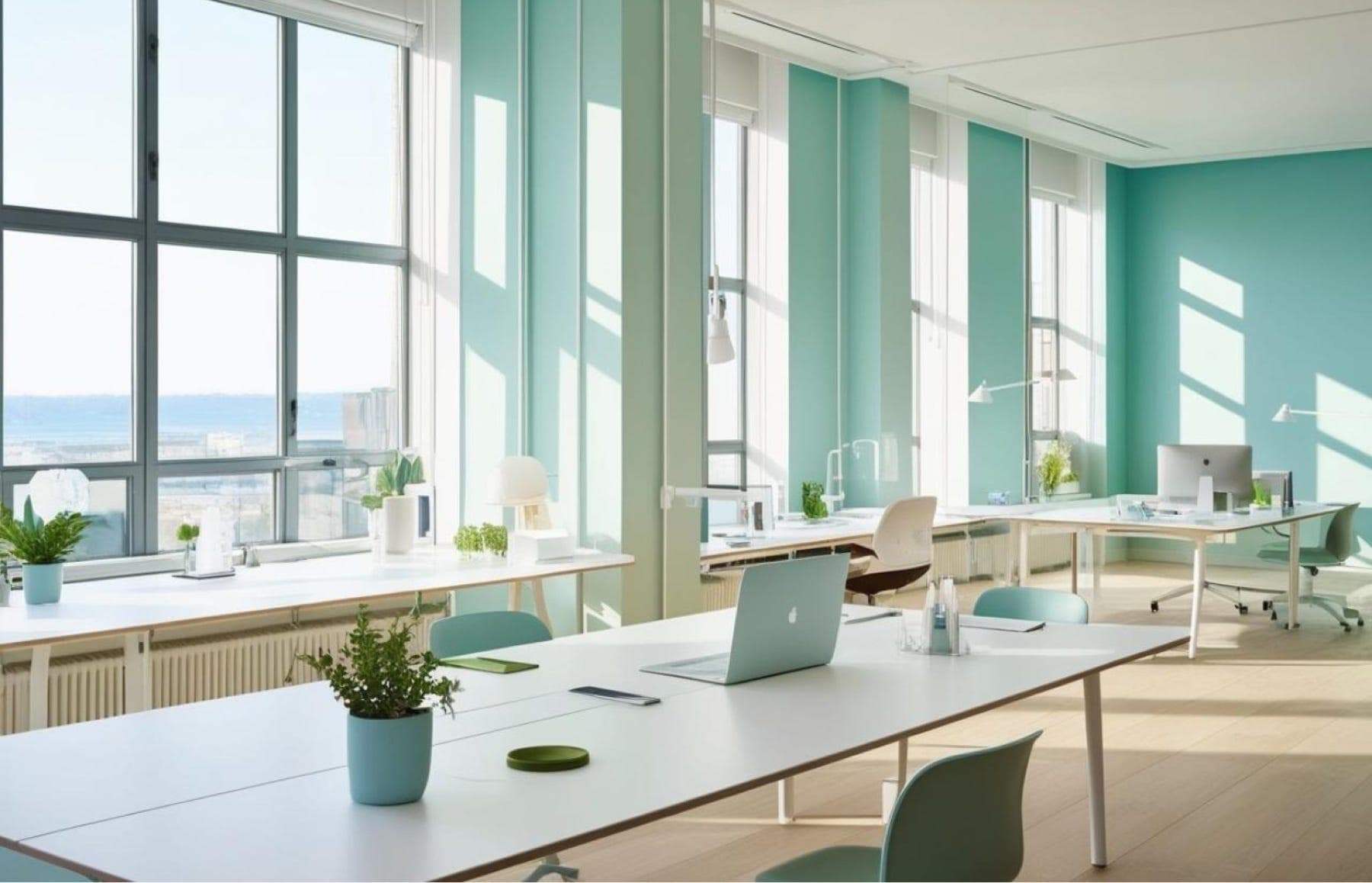 Oficina moderna con paredes verde menta, escritorios blancos, plantas y luz natural de ventanales.